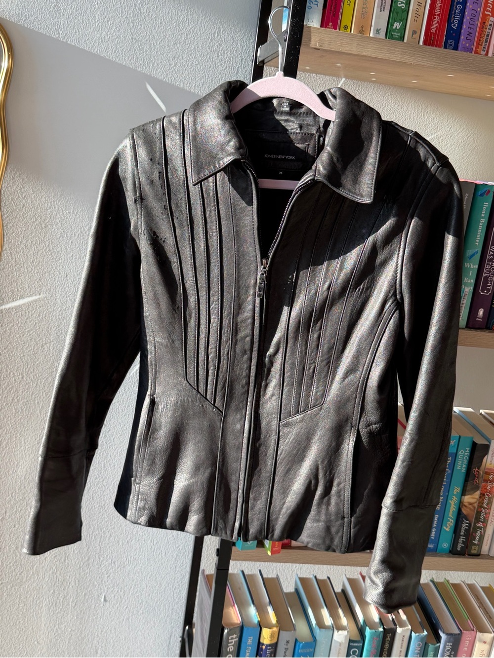 Jones New York Black Leather Zip Front Jacket with Vertical Paneling